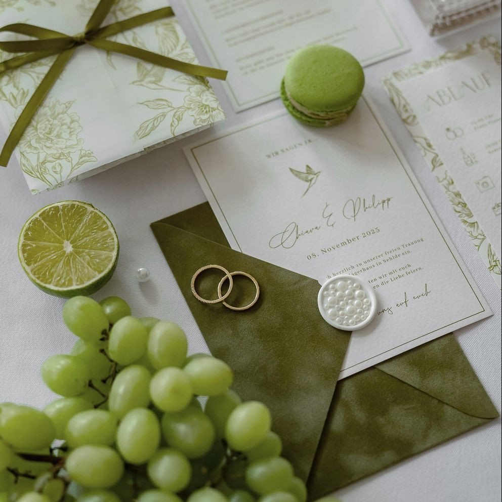 Natürlich, stilvoll & bis ins Detail durchdacht. 💚⁠
Diese Hochzeitspapeterie in sattem Grün wird zum Herzstück des Konzepts – mit handgezeichneten Illustrationen, Wachssiegel, passenden Kuverts in Samt und perfekt abgestimmten Details.⁠
Trauben, Limetten, Macarons, Eheringe – alles fügt sich zu einem Gesamtbild, das Frische, Natürlichkeit und Wertigkeit ausstrahlt.⁠
⁠
____⁠
Konzept & Orga: @woodinheart @ihrundnic @creativitydesign__a  @dalu_dekoverleih⁠
Deko & Tableware: @dalu_dekoverleih @hochzeitswerkstattbraunschweig⁠
Blumen: @dalu_dekoverleih⁠
Papeterie: @creativitydesign__a ⁠
Torte & Sweets rot: @konditorei_carlotta⁠
Torte & Sweets grün: @soeoet_un_soltig⁠
Location: @jaegerhaus_sehlde⁠
Kleider & Anzüge: @wilmas_kleid @liebe.deine_hochzeitsmode⁠
Couple & Model: @insta__aisha @josefine.wii @ha_we_13⁠
Schmuck: @juwelierlevin_⁠
Hair & Make Up: @ohglowy.studio⁠
Content Creator: @julkos.view⁠
⁠
#hochzeitspapeterie #papeterieliebe #weddingstationery #weddinginvitations #papeteriedesign #hochzeitseinladung #fineartpapeterie #modernpapeterie #hochzeitseinladungen #hochzeitskarten #weddingpaper #hochzeitseinladungskarte #saveourdate #weddinginvitationdesign #papeteriehochzeit #papeteriemitliebe #hochzeitsdrucksachen #hochzeitspaper #customweddingstationery #luxurypapeterie⁠