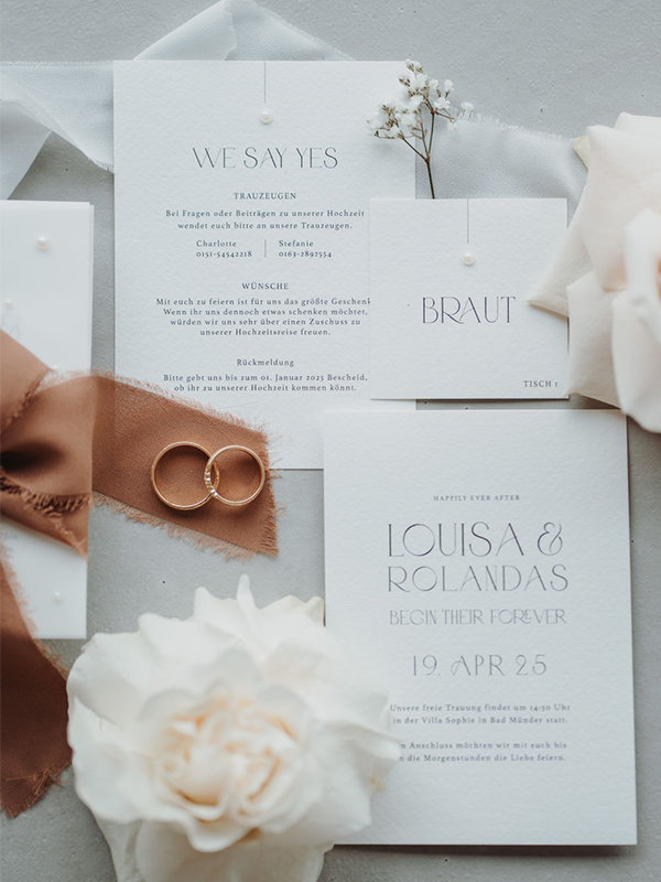 Hochzeitspapeterie bestehend aus Einladung, Detailkarte und Namenskarte veredelt mit einer Perle